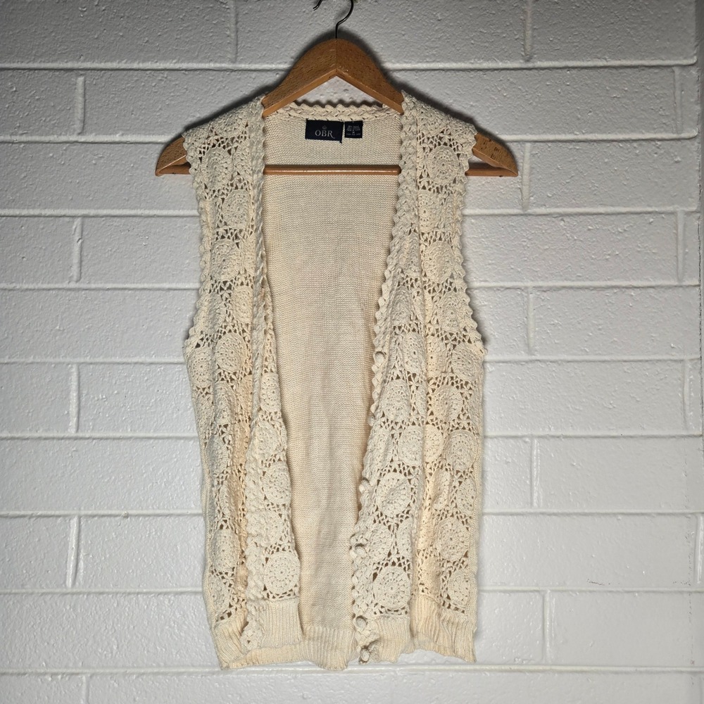 Vtg OBR Crochet Knit Vest Medium Cream Ramie Cotton Boho Granny Hippie Beachy